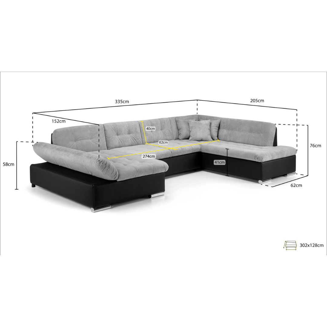 Bergen Sofa Bed Black/Grey Right Hand Facing U Shape Corner - Furniturezone