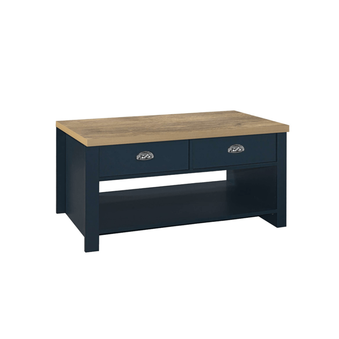 Lancaster 2 Drawer Coffee Table Navy Blue & Oak Effect - Furniturezone