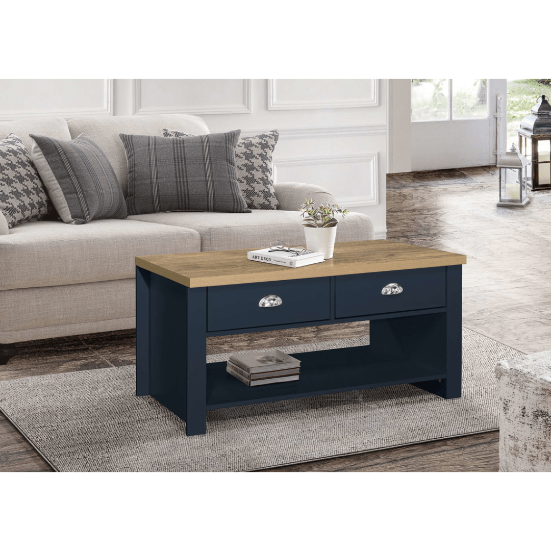 Lancaster 2 Drawer Coffee Table Navy Blue & Oak Effect - Furniturezone