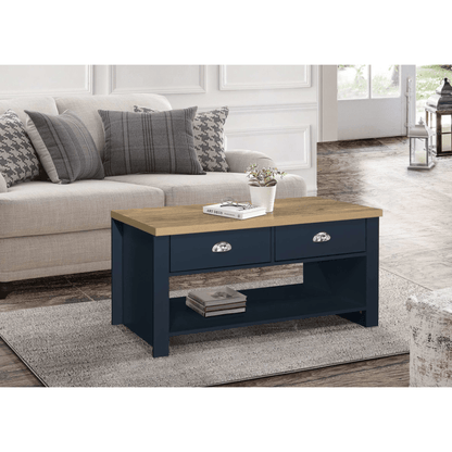 Lancaster 2 Drawer Coffee Table Navy Blue & Oak Effect - Furniturezone