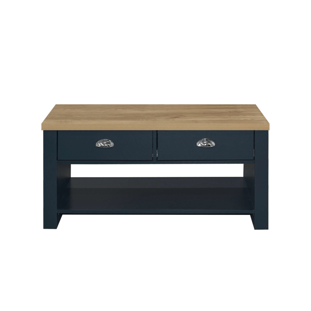 Lancaster 2 Drawer Coffee Table Navy Blue & Oak Effect - Furniturezone