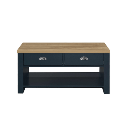 Lancaster 2 Drawer Coffee Table Navy Blue & Oak Effect - Furniturezone