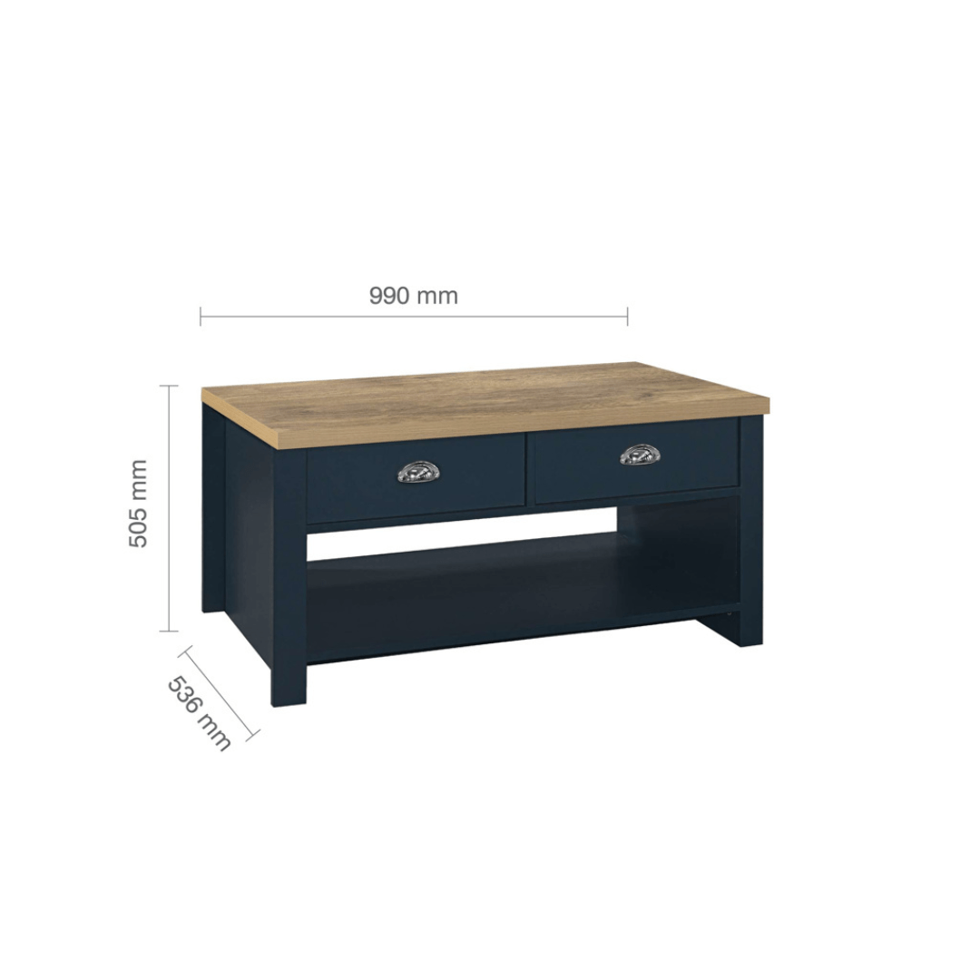 Lancaster 2 Drawer Coffee Table Navy Blue & Oak Effect - Furniturezone
