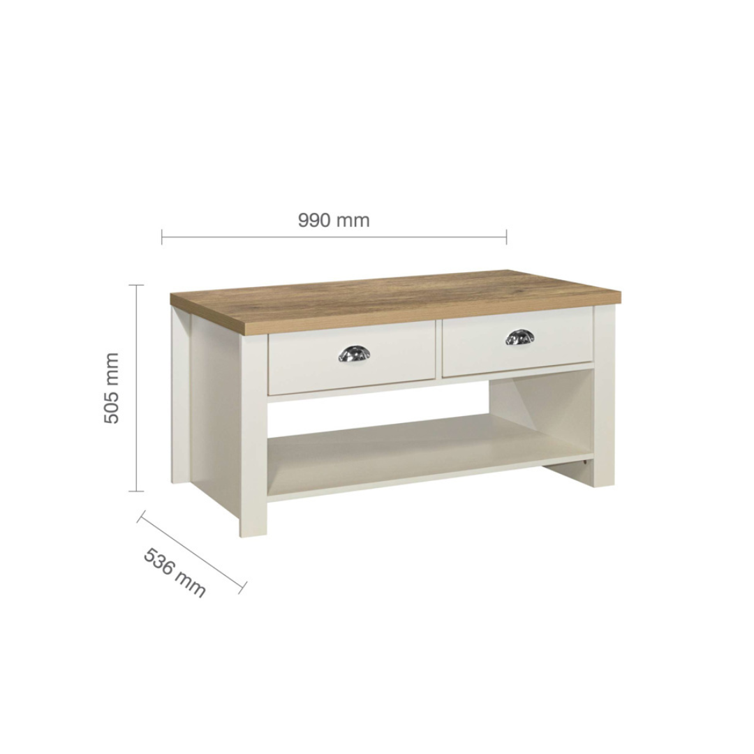 Lancaster 2 Drawer Coffee Table Cream & Oak Effect