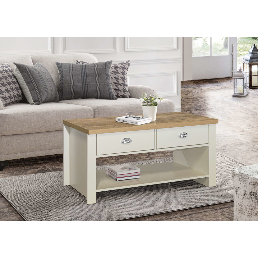 Lancaster 2 Drawer Coffee Table Cream & Oak Effect