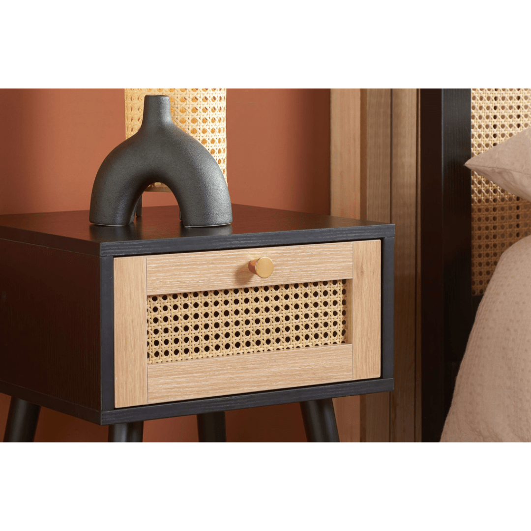 Marchesi 1 Drawer Rattan Bedside Black - Furniturezone