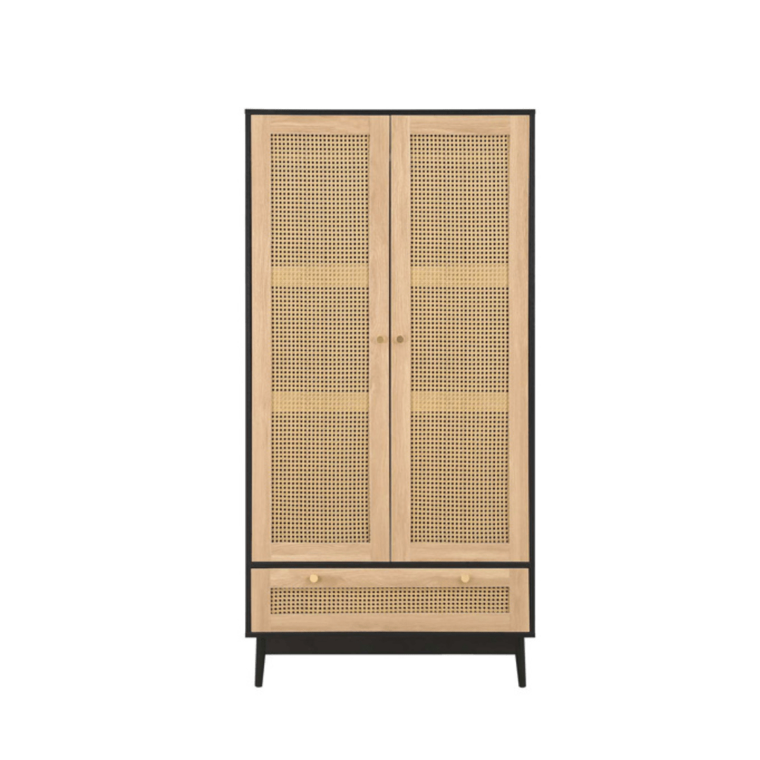 Marchesi 2 Door 1 Drawer Rattan Wardrobe Black - Furniturezone