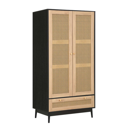 Marchesi 2 Door 1 Drawer Rattan Wardrobe Black