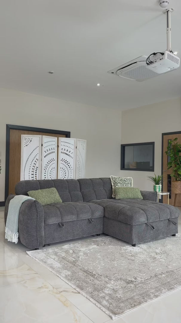 Load video: Florida Grey Fabric Universal Corner Sofa Bed