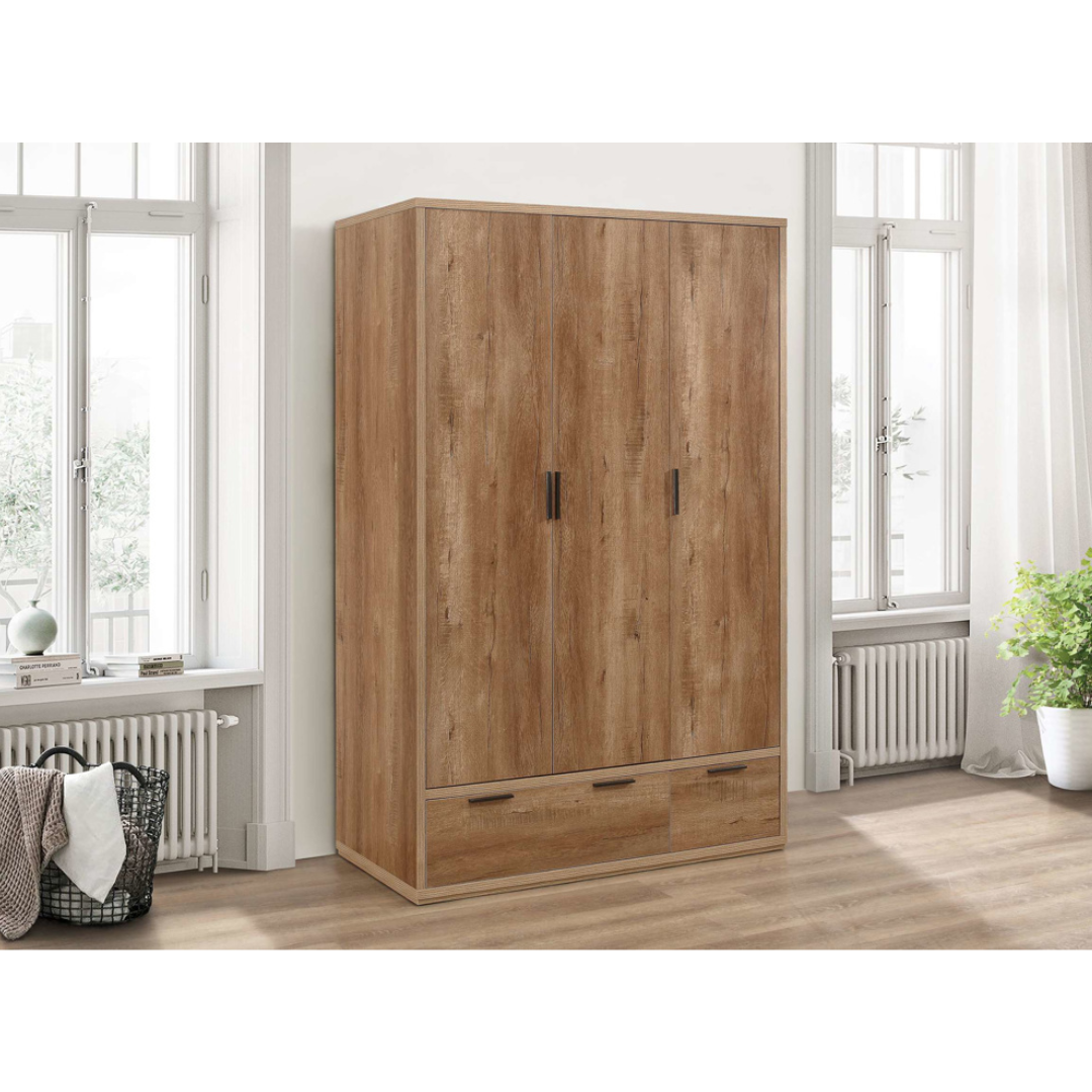 Stockwell 3 Door 2 Drawer Wardrobe - Rustic Oak Effect