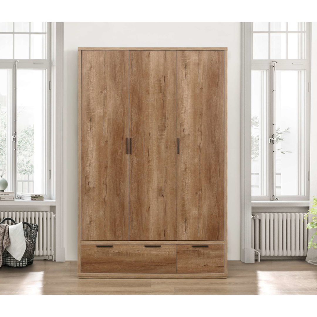 Stockwell 3 Door 2 Drawer Wardrobe - Rustic Oak Effect