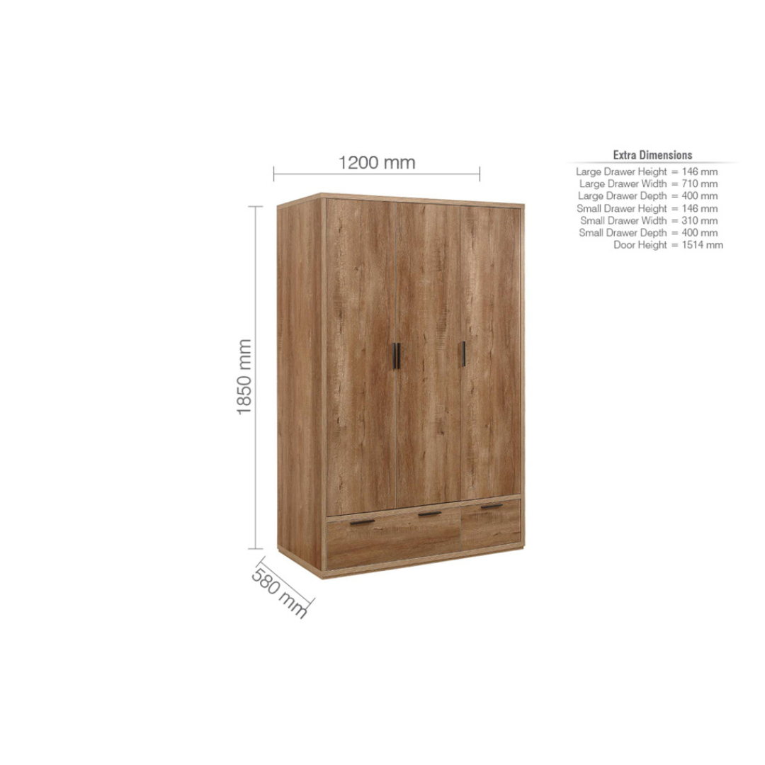 Stockwell 3 Door 2 Drawer Wardrobe - Rustic Oak Effect